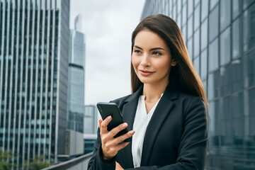 Wall Mural - A woman in a business suit is holding a cell phone