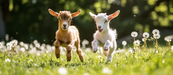 Stock photo of two lambs playing in a green field at sundown.