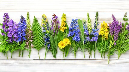   A row of various flowers on white wood, flanked by green foliage and vibrant purple and yellow blossoms