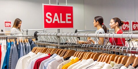 A bustling department store interior with racks of colorful clothing on display. Prominent red 