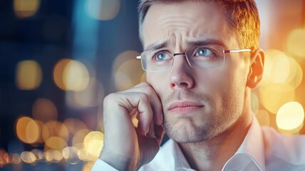 Wall Mural - A man with glasses is looking down at his phone