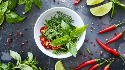 Wall Mural - White Bowl Surrounded By Herbs Chilis And Lime Slices