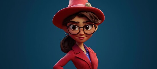 Wall Mural - 3D Cartoon of a Charming Young Lady in a Red Coat and Silly Hat