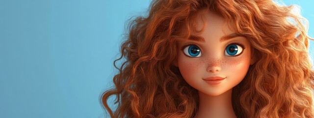 Wall Mural - 3D Cartoon of a Cute Girl with Long Curly Hair