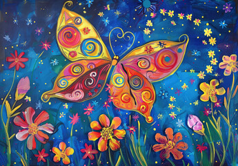 Wall Mural - Acrylic painting of a butterfly flying in the night sky, surrounded by flowers and vines