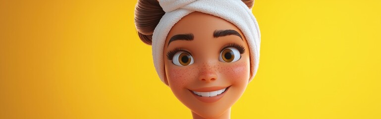 Wall Mural - 3D Cartoon of a Happy Young Woman with a Towel on Her Head Against a Bright Yellow Background