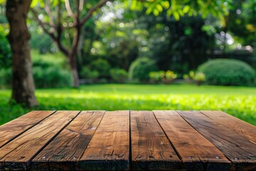 Wooden table in a park setting, great for advertisements related to nature and outdoor activities, copy space. High quality illustration