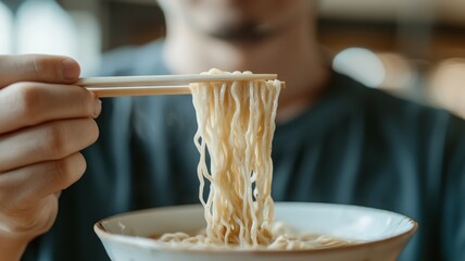 A man is eating noodles with chopsticks