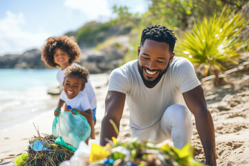 A man is smiling and laughing with two children on a beach