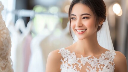 Wall Mural - A woman is smiling and looking at a dress in a store