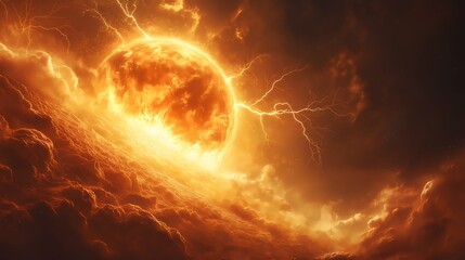 Wall Mural - a cosmic storm with lightning and energy bursts on a distant planet