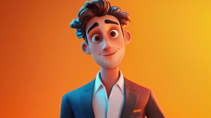 Wall Mural - 3D Cartoon Portrait of a Trendy Young Man in a Suit Jacket with a Striking Face in a Bright Setting Fashionable Business Vibe