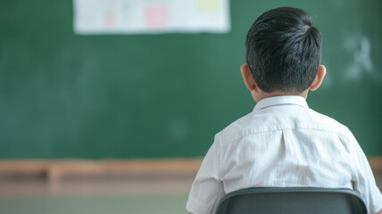 Wall Mural - A boy sits in a classroom chair in front of a green chalkboard