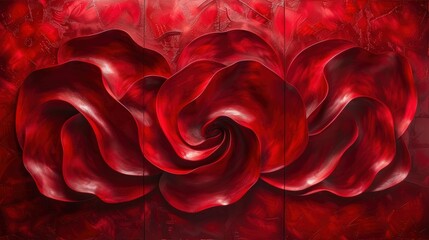 Craft an abstract triptych of wall art panels with vibrant red textures in flowing patterns. Each panel should present a unique red design with smooth, dynamic movement