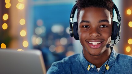 Poster - A young man wearing headphones and smiling