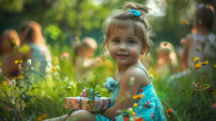 A portrait of small girl with friends and present outdoors in garden in summer.