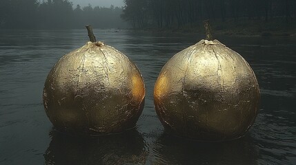 Wall Mural -   In a dense forest, on a foggy day, there sit two golden balls on the water's surface, surrounded by tranquil stillness