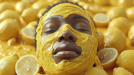 Sticker -   Close-up of a person with a yellow mask wearing lemons around her face and a lemon pile in the background