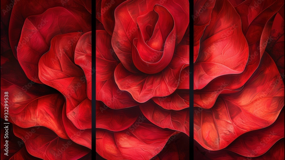 Create a high-resolution triptych with vibrant red textures in flowing ...