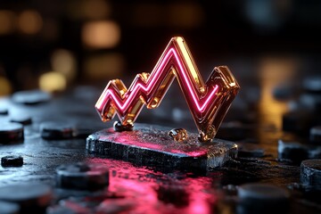 Poster - Abstract neon graph symbolizing growth, investment trends, and financial success on a reflective surface.