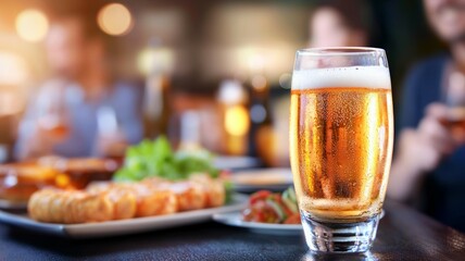 Poster - A glass of beer is on a table with food