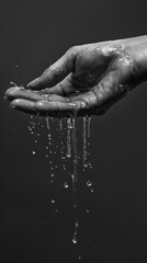 a black and white photo of a dripping hand