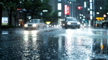 Poster - A rainy city street with cars driving down it