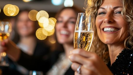 Wall Mural - A woman is holding a champagne glass and smiling