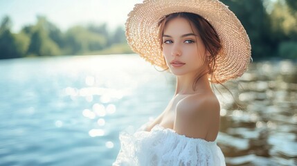 posing by the water is a stylish and sophisticated young lady wearing a white dress and a straw hat.