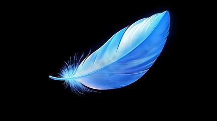 Poster -   A close-up photo of a blue bird's feather on a black background, including a reflection of the bird's wing