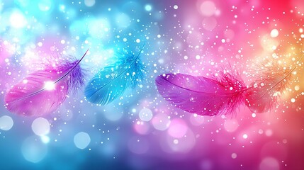 Wall Mural -   Three vibrant feathers float amidst a blue, pink, and red backdrop, with a blurred boke effect