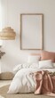 © Viktoria Tom - Empty wooden frame on wall in kids' room with pastel colors and cozy bed, modern decor