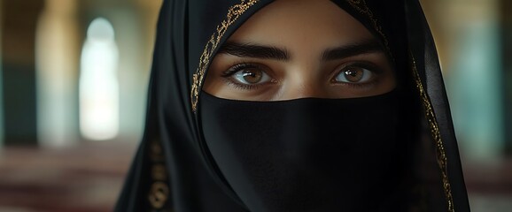 Wall Mural - Close up of a woman wearing a black niqab with her eyes looking intently into the camera.