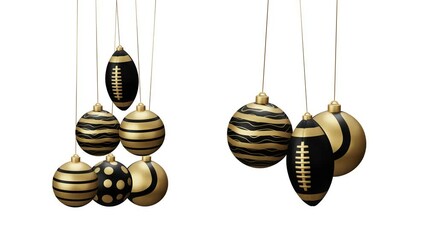 Wall Mural - Rugby Sport Christmas card video 4k animation. Merry Christmas sport greeting card. Hang on a thread ball as a xmas ball and golden bauble on white and green horizontal background.