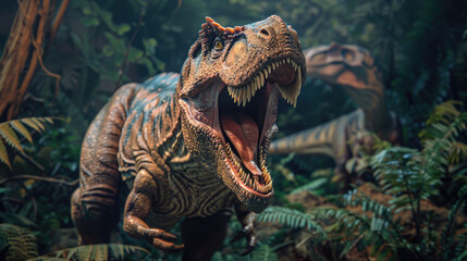 Wall Mural - A close-up shot of an open-mouthed dinosaur, showing its sharp teeth and thick lower jaw