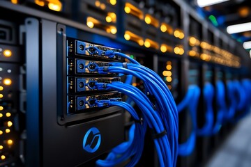 Poster - Close-up of server equipment with blue cables and illuminated panels, showcasing modern technology and data connectivity.