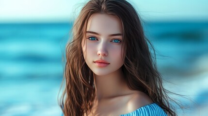 Wall Mural - Gorgeous brunette girl with long hair and blue eyes, half turned over in a blue striped dress against a seaside backdrop