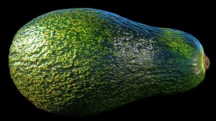   A close-up image of an avocado on a black background with a reflection of the top half