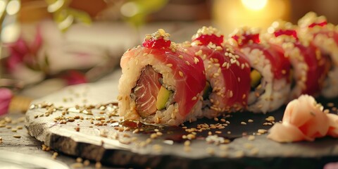 Wall Mural - Japanese sushi roll with tuna served with pickled ginger and wasabi