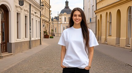 A beautiful woman poses with elegance outdoors, wearing an oversized white t-shirt, showcasing confidence and a radiant smile on a bright day