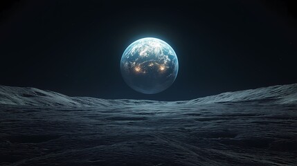 A surreal view of Earth rising over the horizon of the Moon