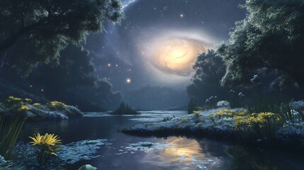 Wall Mural - A tranquil cosmic garden with floating plants and a distant galaxy