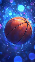 A basketball is floating in a purple and blue background