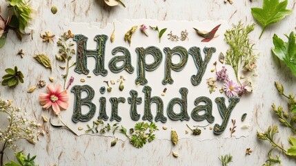 Canvas Print - A close up of a birthday card with flowers and leaves, AI