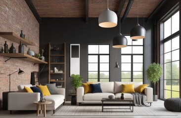 Loft style house with sofa and accessories in the room