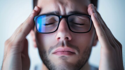 Middle-aged man in casual outfit, stylish beard, and trendy glasses, experiencing stress and headache, holds head in pain against a plain white background.