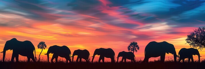 Fototapete - A group of elephants strolls through the savanna as the sun sets, casting vibrant colors across the sky and creating a tranquil atmosphere. Generative AI