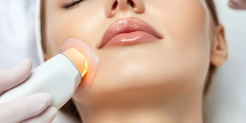 Woman face receiving a skin rejuvenation laser treatment, dermatology center, advanced technology for facial skin care.