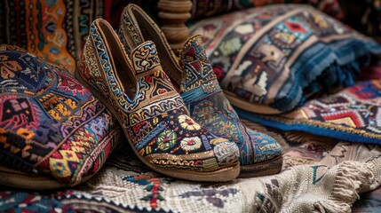 Poster - Close-up view of a pair of shoes sitting on a rug, perfect for use in fashion or lifestyle photography