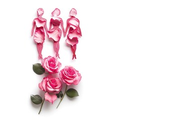 Wall Mural - A bouquet of pink roses with green leaves on a white background